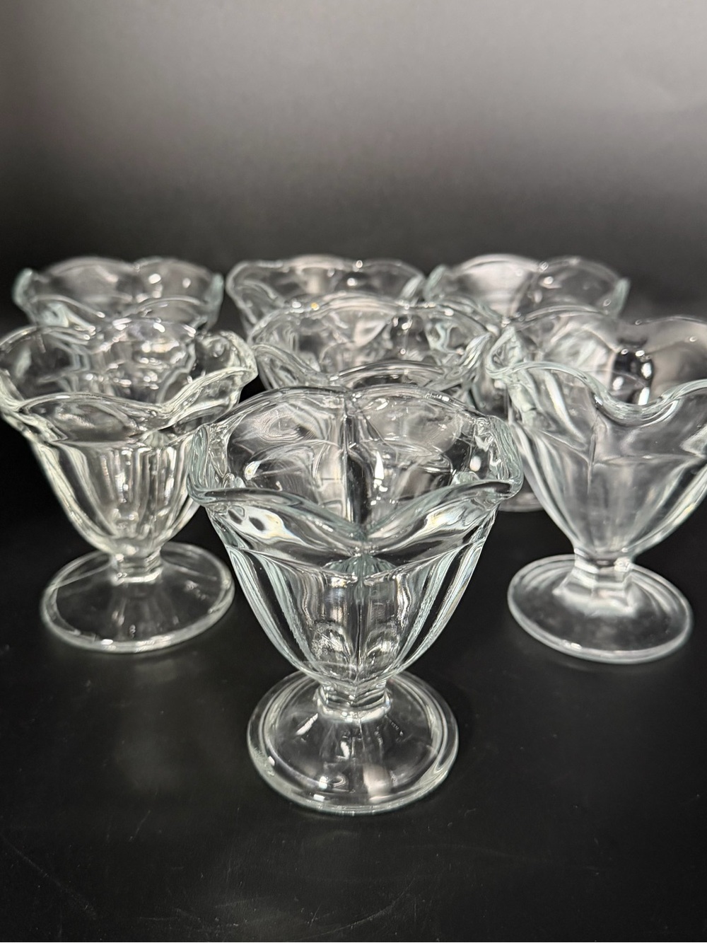 Clear Glass Footed Dessert Sherbet Bowls Ruffled Scalloped Rim Set  of 7